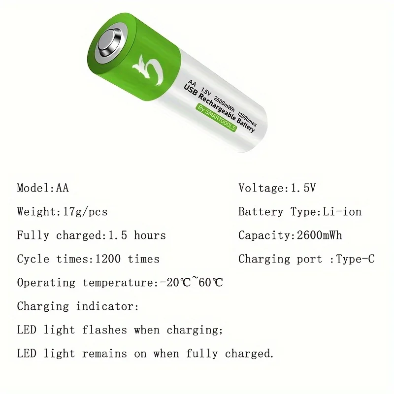 스마트 1.5V AA 2600mWh USB 충전식 리튬 - Modern Electronics Gadgets 리뷰 및 가격